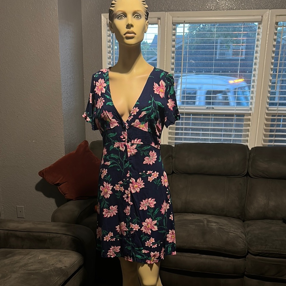 Floral V-Neck Dress - Navy and Pink